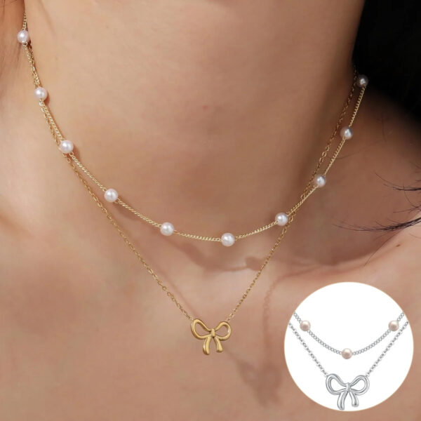 Simple Pearl Double Layer Choker Fashion Gold Color Necklaces Chain Small Bow Pendant Necklace Jewelry Gifts For Women Fashion Jewelry Valentine’s Day Gifts